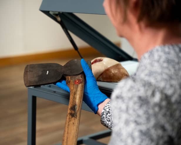 Close up of the axe used to kill Ann Forbes in woods near Thainstone, Aberdeenshire, in 1864.