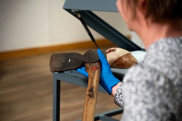Close up of the axe used to kill Ann Forbes in woods near Thainstone, Aberdeenshire, in