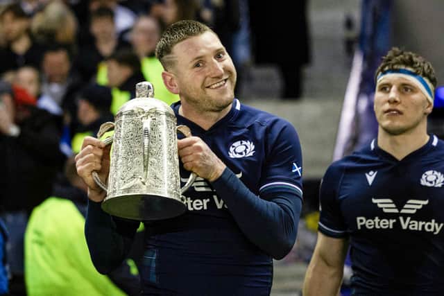 Scotland's Finn Russell poses with the Calcutta Cup after a fourth successive victory over England last year. (Photo by Ross Parker / SNS Group)