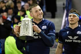 Scotland's Finn Russell poses with the Calcutta Cup after a fourth successive victory over England last year. (Photo by Ross Parker / SNS Group)