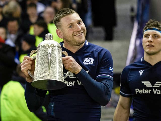 Scotland's Finn Russell poses with the Calcutta Cup after a fourth successive victory over England last year. (Photo by Ross Parker / SNS Group)