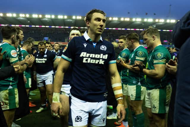 Scotland's Jamie Ritchie at full time after the defeat to Ireland at Murrayfield a fortnight ago. (Photo by Craig Williamson / SNS Group)