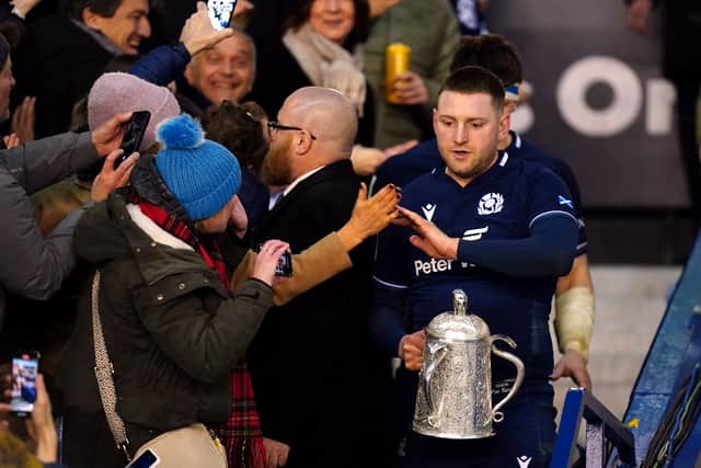 Scotland's Finn Russell with the Calcutta Cup at Murrayfield last year.