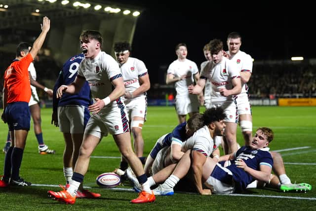 England's Tye Raymont scores their side's fourth try of the game against Scotland during the U20 Six Nations match at Kingston Park, Newcastle upon Tyne. Picture date: Friday February 21, 2025.