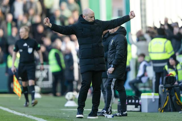 Hibs head coach David Gray celebrates at full time after the 2-1 win over Celtic at Easter Road. (Photo by Craig Foy / SNS Group)