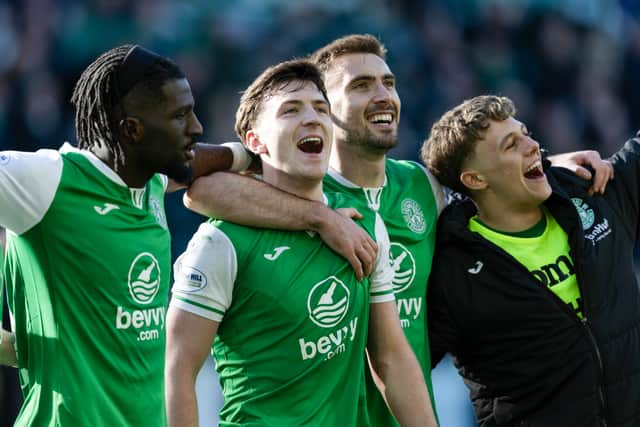 Hibs' two-goal hero Josh Campbell leads the celebrations at full time after the 2-1 win over Celtic at Easter Road. (Photo by Ross Parker / SNS Group)