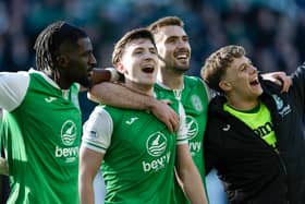 Hibs' two-goal hero Josh Campbell leads the celebrations at full time after the 2-1 win over Celtic at Easter Road. (Photo by Ross Parker / SNS Group)