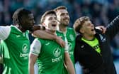 Hibs' two-goal hero Josh Campbell leads the celebrations at full time after the 2-1 win over Celtic at Easter Road. (Photo by Ross Parker / SNS Group)