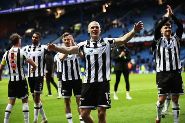 St Mirren's Alex Gogic leads the full-time celebrations after the 2-0 victory over Rangers at Ibrox. (Photo by Alan Harvey / SNS Group)