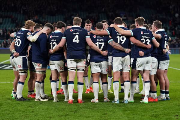 Scotland players after the Guinness Men's Six Nations defeat to England at the Allianz Stadium, London. Picture date: Saturday February 22, 2025.