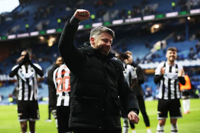 St Mirren manager Stephen Robinson celebrates at full-time after the 2-1 win over Rangers at Ibrox. (Photo by Alan Harvey / SNS Group)