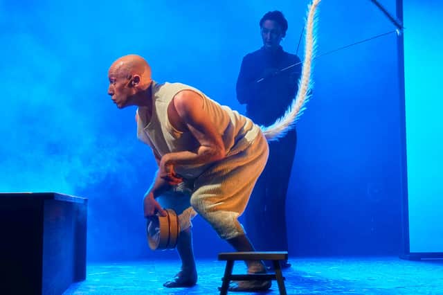 Sandy Grierson as the eponymous monkey with puppeteer Ailie Cohen in Vanishing Point-Kanagawa Arts Theatre's production of Confessions of A Shinagawa Monkey.