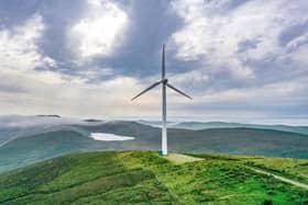 An overhead view of a wind turbine, part of the Burradale wind farm, outside Lerwick in Shetland