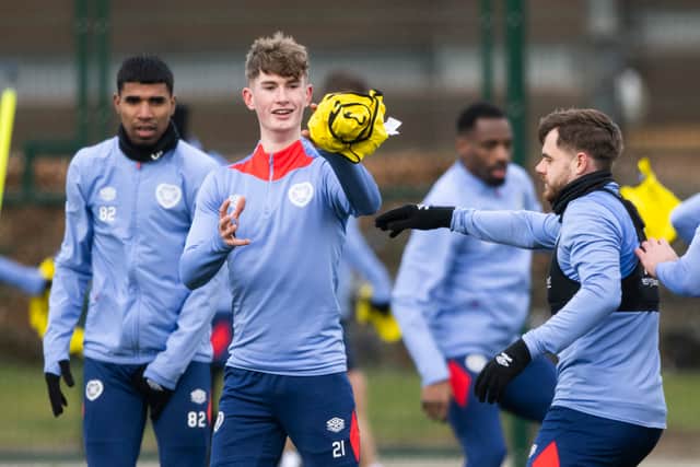 Young Hearts striker James Wilson trains ahead of St Mirren's visit.