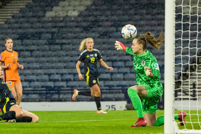 Scotland's Kirsty Hanson has a shot saved during a UEFA Womens Nations League A Group 1 match against Netherlands.