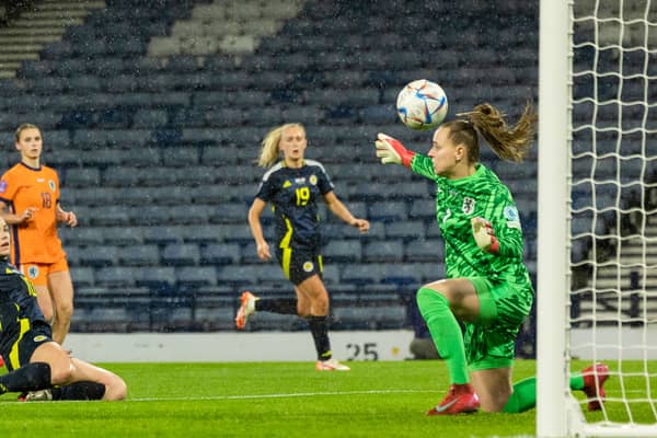 Scotland's Kirsty Hanson has a shot saved during a UEFA Womens Nations League A Group 1 match against Netherlands.