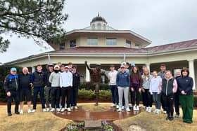 The group of East Lothian youngsters and the leaders who accompanied them on the trip to North Carolina pictured at the Payne Stewart statue at Pinehurst