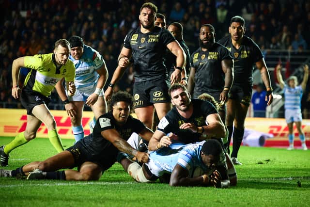 Jare Oguntibeju scoring a try for Glasgow Warriors against Toulon in the Champions Cup in France last December.