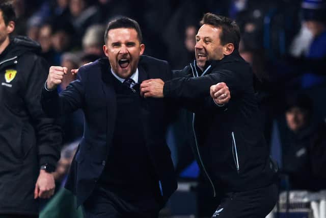 Rangers Interim head coach Barry Ferguson celebrates with Neil McCann after his side make it 3-2 against Kilmarnock at the BBSP Stadium Rugby Park. (Photo by Craig Williamson / SNS Group)