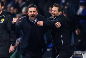 Rangers Interim head coach Barry Ferguson celebrates with Neil McCann after his side make it 3-2 against Kilmarnock at the BBSP Stadium Rugby Park. (Photo by Craig Williamson / SNS Group)
