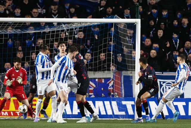 Cyriel Dessers equalises for Rangers against Kilmarnock last night. Cr: SNS Group.