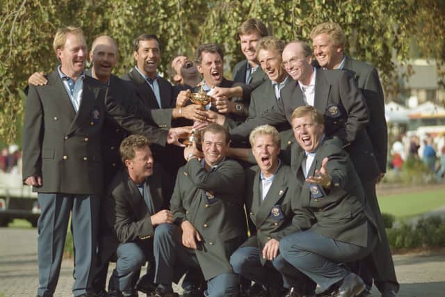 Bernard Gallacher celebrates with his players after Europe’s win in the  1995 Ryder Cup at Oak Hill Country Club in New York 