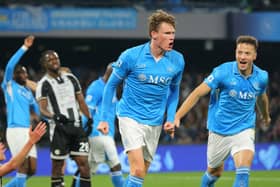 Scott McTominay celebrates scoring for Napoli in the 1-1 draw with Udinese on February 9. (Photo by CARLO HERMANN/AFP via Getty Images)          