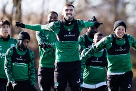 Hibs train ahead of facing Hearts at Easter Road on Sunday.