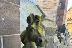 One of a pair of unicorn sculptures in Edinburgh that will have their missing horns restored to their former glory