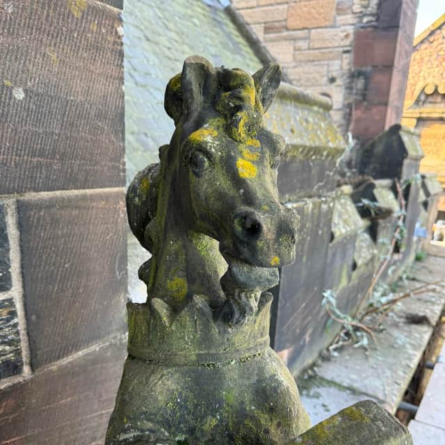One of a pair of unicorn sculptures in Edinburgh that will have their missing horns restored to their former glory
