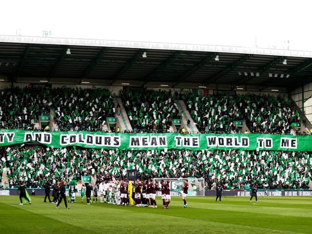Hibs fans with a pre-match display as the teams emerge ahead of the Edinburgh derby. (Photo by Craig Williamson / SNS Group)