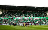 Hibs fans with a pre-match display as the teams emerge ahead of the Edinburgh derby. (Photo by Craig Williamson / SNS Group)