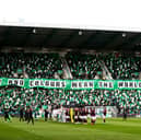 Hibs fans with a pre-match display as the teams emerge ahead of the Edinburgh derby. (Photo by Craig Williamson / SNS Group)