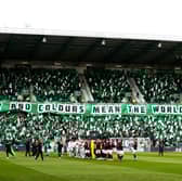 Hibs fans with a pre-match display as the teams emerge ahead of the Edinburgh derby. (Photo by Craig Williamson / SNS Group)