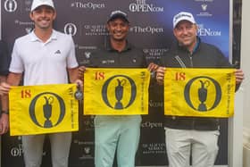 England’s Marco Penge and South African duo Dylan Naidoo and Darren Fichardt celebrate securing spots in the 153rd Open at Royal Portrush