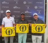 England’s Marco Penge and South African duo Dylan Naidoo and Darren Fichardt celebrate securing spots in the 153rd Open at Royal Portrush