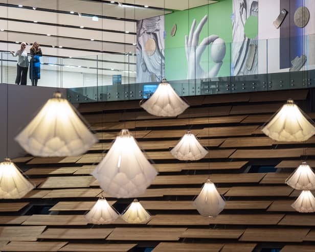 Shylights, a new art installation at the V&A Dundee, made of large moving sculptures suspended from the ceiling in V&A Dundee's lower hall. 
