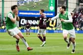 Hibs Jack Iredale (right) celebrates with Josh Campbell after scoring to make it 2-1 over Hearts at Easter Road.  (Photo by Paul Devlin / SNS Group)