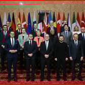 (back row left to right) Nato secretary general Mark Rutte, Netherlands' Prime Minister Dick Schoof, Sweden's Prime Minister Ulf Kristersson, Germany's Chancellor Olaf Scholz, Norway's Prime Minister Jonas Gahr Store, Czech Republic's Prime Minister Petr Fiala, Turkey's Minister of Foreign Affairs Hakan Fidan, (middle rowleft to right) Spain's Prime Minister Pedro Sanchez, Denmark's Prime Minister Mette Frederiksen, European Commission President Ursula von der Leyen, European Council President Antonio Costa, Canada's Prime Minister Justin Trudeau, Italy's Prime Minister Giorgia Meloni, Romania's Interim President Ilie Bolojan, (front row left to right) Finland's President Alexander Stubb, France's President Emmanuel Macron, Prime Minister Sir Keir Starmer, Ukraine's President Volodymyr Zelensky and Poland's Prime Minister Donald Tusk, pose for a family photo during a Leaders' Summit on the situation in Ukraine at Lancaster House, London. 