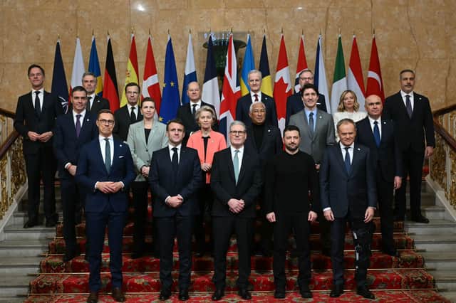 (back row left to right) Nato secretary general Mark Rutte, Netherlands' Prime Minister Dick Schoof, Sweden's Prime Minister Ulf Kristersson, Germany's Chancellor Olaf Scholz, Norway's Prime Minister Jonas Gahr Store, Czech Republic's Prime Minister Petr Fiala, Turkey's Minister of Foreign Affairs Hakan Fidan, (middle rowleft to right) Spain's Prime Minister Pedro Sanchez, Denmark's Prime Minister Mette Frederiksen, European Commission President Ursula von der Leyen, European Council President Antonio Costa, Canada's Prime Minister Justin Trudeau, Italy's Prime Minister Giorgia Meloni, Romania's Interim President Ilie Bolojan, (front row left to right) Finland's President Alexander Stubb, France's President Emmanuel Macron, Prime Minister Sir Keir Starmer, Ukraine's President Volodymyr Zelensky and Poland's Prime Minister Donald Tusk, pose for a family photo during a Leaders' Summit on the situation in Ukraine at Lancaster House, London.