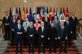 (back row left to right) Nato secretary general Mark Rutte, Netherlands' Prime Minister Dick Schoof, Sweden's Prime Minister Ulf Kristersson, Germany's Chancellor Olaf Scholz, Norway's Prime Minister Jonas Gahr Store, Czech Republic's Prime Minister Petr Fiala, Turkey's Minister of Foreign Affairs Hakan Fidan, (middle rowleft to right) Spain's Prime Minister Pedro Sanchez, Denmark's Prime Minister Mette Frederiksen, European Commission President Ursula von der Leyen, European Council President Antonio Costa, Canada's Prime Minister Justin Trudeau, Italy's Prime Minister Giorgia Meloni, Romania's Interim President Ilie Bolojan, (front row left to right) Finland's President Alexander Stubb, France's President Emmanuel Macron, Prime Minister Sir Keir Starmer, Ukraine's President Volodymyr Zelensky and Poland's Prime Minister Donald Tusk, pose for a family photo during a Leaders' Summit on the situation in Ukraine at Lancaster House, London. 