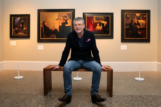 Jack Vettriano at the Kelvingrove Art Gallery in Glasgow where more than 100 paintings spanning his entire career are on display opening to the public on Saturday 21 September 2013. This once in a lifetime Retrospective gathers together all of the artist's most famous works for the first time including Dance me to the end of Love (1998), Bluebird at Bonneville (1996), The Billy Boys (1994) and The Singing Butler (1992).