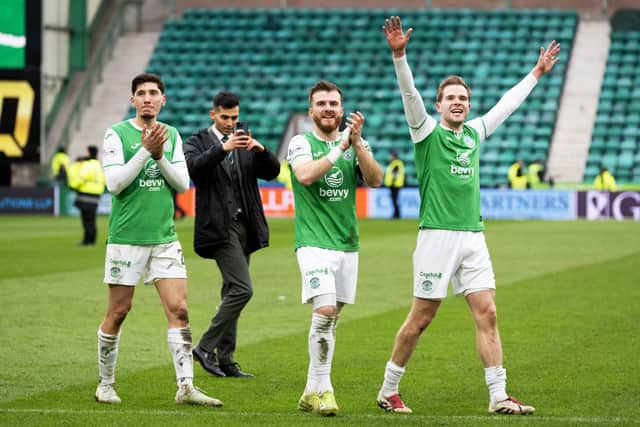 The Hibs players take in the atmosphere at Easter Road following the 2-1 Edinburgh derby win over Hearts on Sunday. Cr: SNS Group.