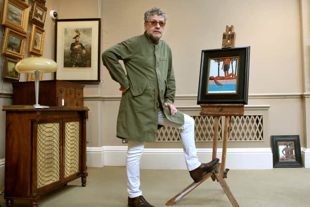 Artist Jack Vettriano in the Bonhams in Edinburgh as he stands beside his Winsor and Newton easel and his painting An Unexpected Guest, which are part of a sale of his possessions being held by the auction house 