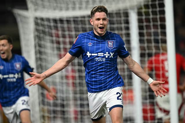 Ipswich Town striker George Hirst celebrates scoring the opening goal of the FA Cup fifth round tie against Nottingham Forest at the City Ground. (Photo by Paul ELLIS / AFP)