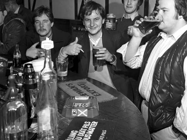 Men from the night shift at the Ferranti factory enjoy an early morning pint of beer at The Cavern pub in Leith, November 1981, following the introduction of early morning opening.