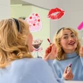 Karen McRobbie, a Sabrina lookalike from Falkirk, getting ready in on of the Short n Suite package rooms at Glasgow's Yotel. 