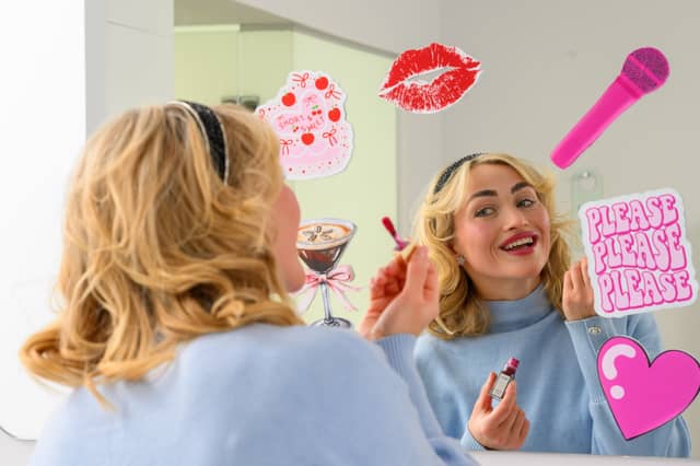 Karen McRobbie, a Sabrina lookalike from Falkirk, getting ready in on of the Short n Suite package rooms at Glasgow's Yotel.