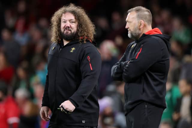 Wales scrum consultant Adam Jones (left) with forwards coach Jonathan Humphreys during the Six Nations defeat to Ireland at Principality Stadium on February 22, 2025. (Photo by Michael Steele/Getty Images)