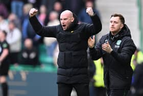 Hibs head coach David Gray celebrates his side going ahead against Hearts on Sunday. (Photo by Paul Devlin / SNS Group)